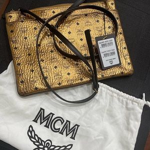 MCM Medium Logo Crossbody Pouch Bag, Metallic Gold, Leather